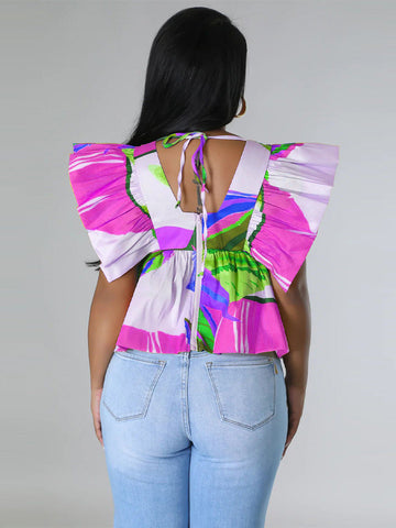 Sweet Printed Flounce V Neck Top