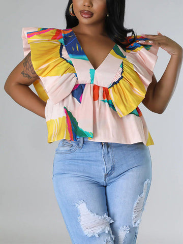 Sweet Printed Flounce V Neck Top