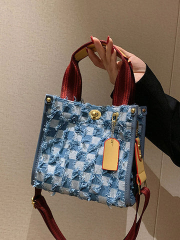 Bolso tote de tela vaquera con estampado de cuadros