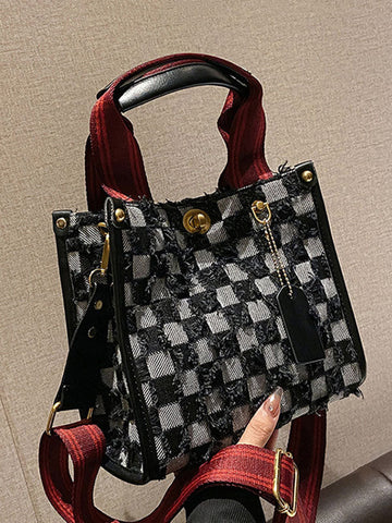 Bolso tote de tela vaquera con estampado de cuadros