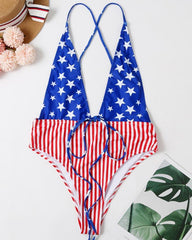 Star And Stripe Print Lace Up Backless One-Piece Swimsuit