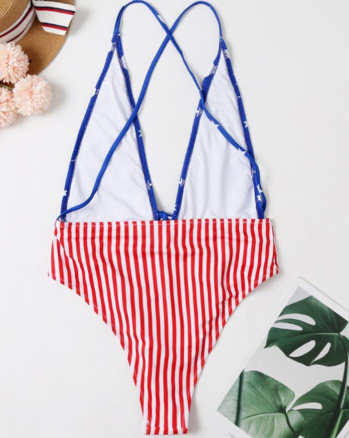 Star And Stripe Print Lace Up Backless One-Piece Swimsuit
