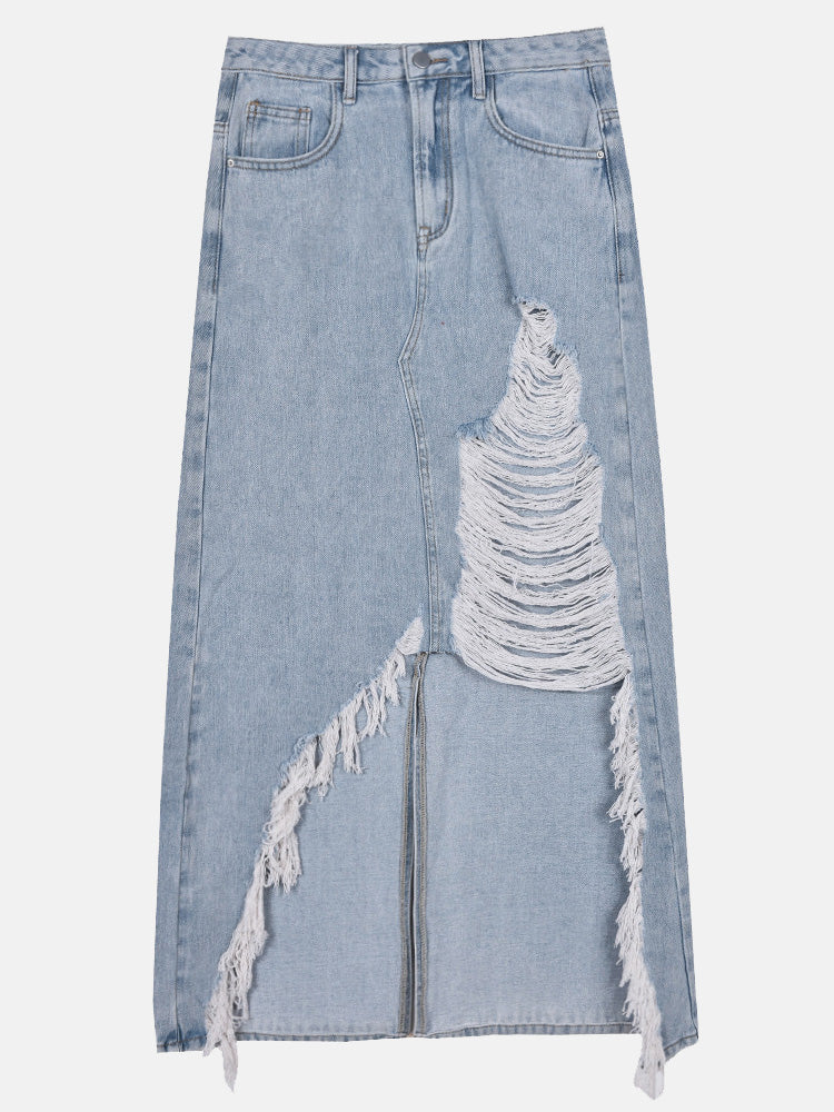 Denim Ripped Slit Tassels Skirt