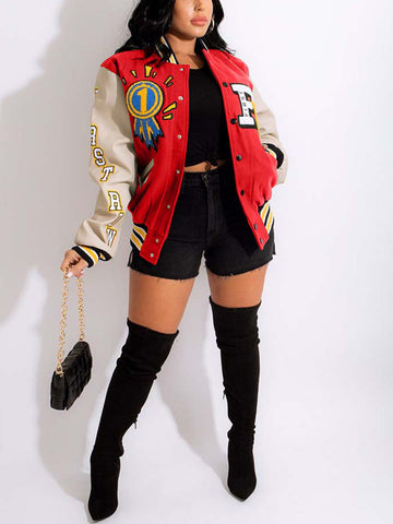 Printed Color Block Baseball Jacket