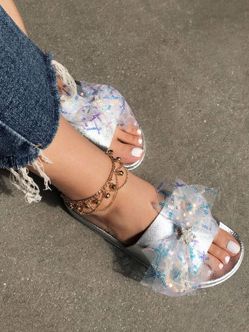 Lace Bow Sequin Flat Slides