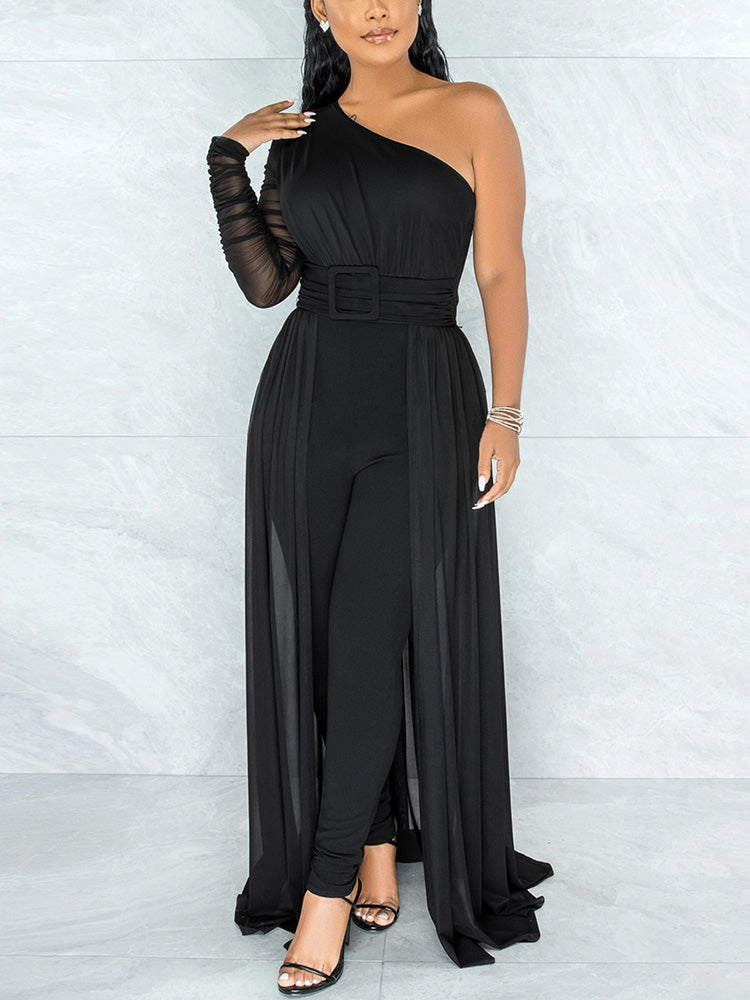 One Shoulder Mesh Jumpsuits