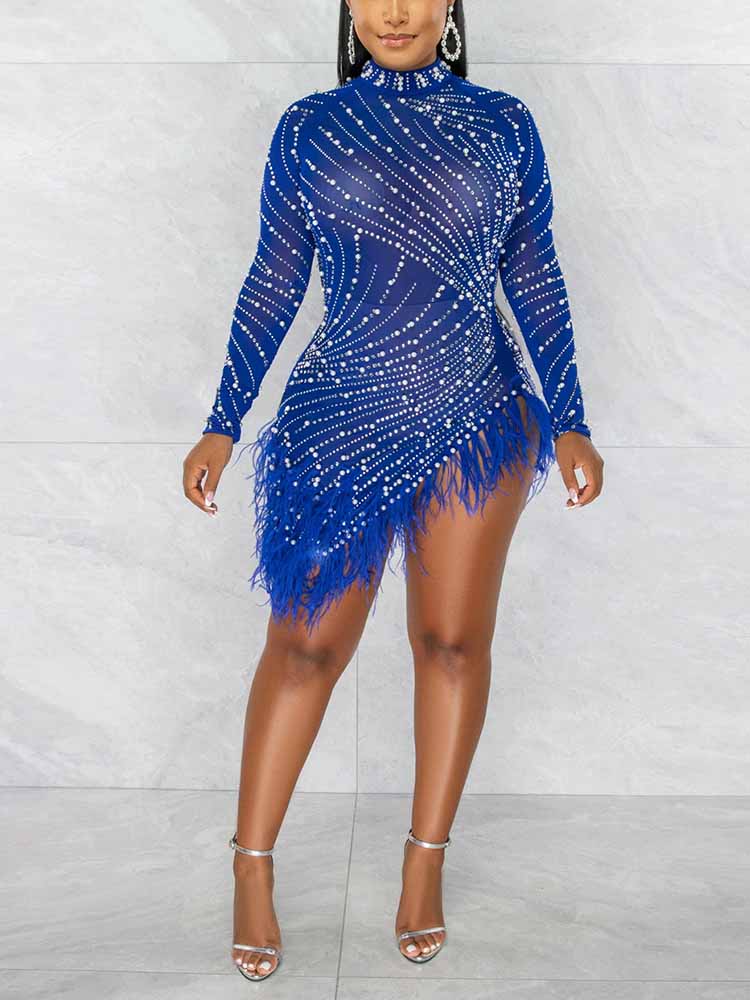 Mesh Rhinestones Slit Mini Dress