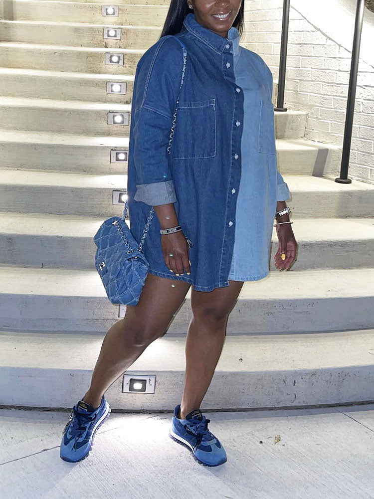 Casual Color Block Denim Coat