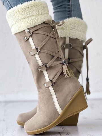 Fuzzy Tassel Wedge Calf Boots