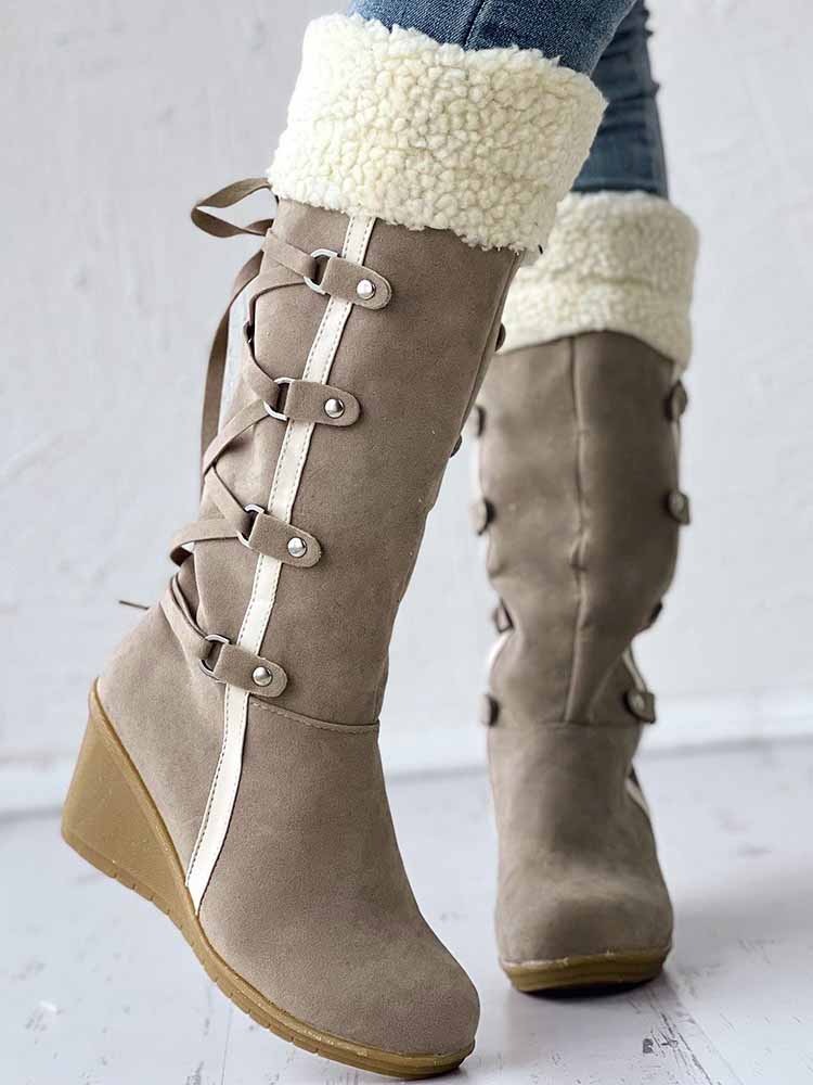 Fuzzy Tassel Wedge Calf Boots