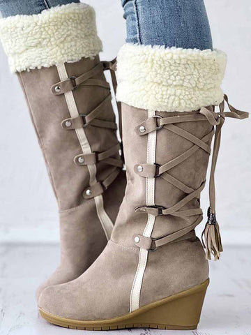 Fuzzy Tassel Wedge Calf Boots