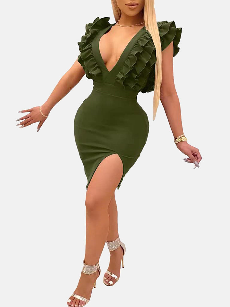 Ruffle Split Bodycon Mini Dress