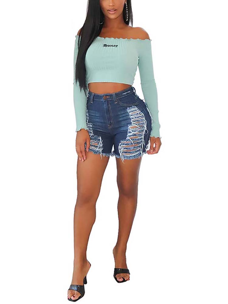 Solid Color Ripped Denim Shorts