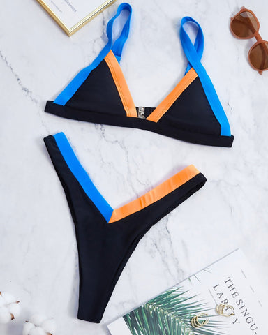 Color Block High Cut Triangle Bikini Set