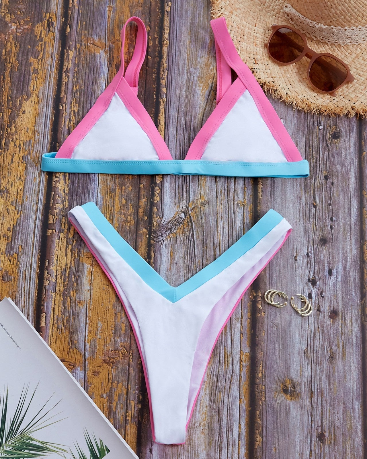 Color Block High Cut Triangle Bikini Set