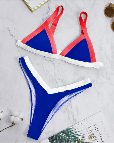 Conjunto de bikini triangular de corte alto con bloques de color