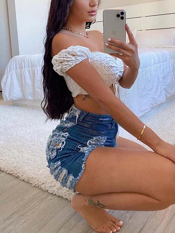 Solid Color Ripped Denim Shorts