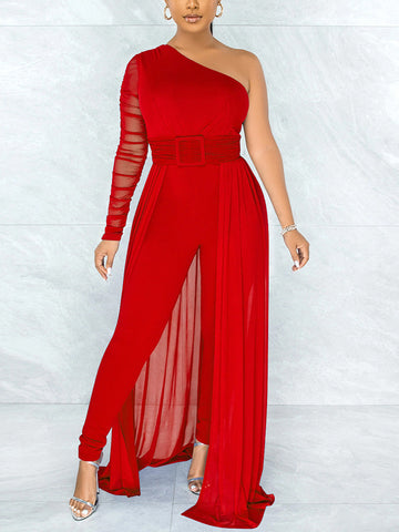 One Shoulder Mesh Jumpsuits