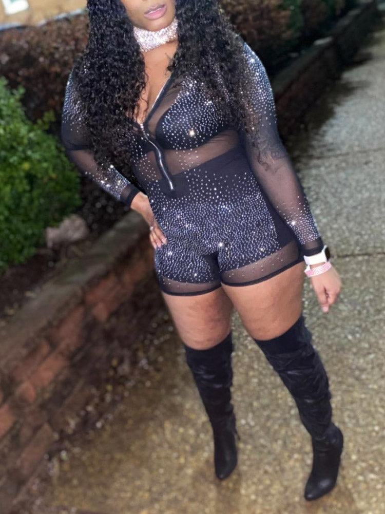 Rhinestone Zipper Mesh Romper