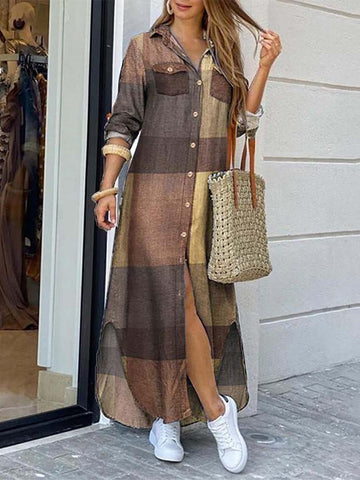 Langer Hemdmantel mit Karomuster und Knöpfen