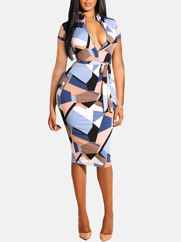 Zipper Front Print Midi Dress