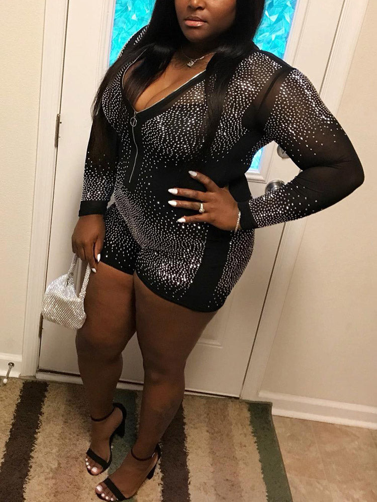 Rhinestone Zipper Mesh Romper