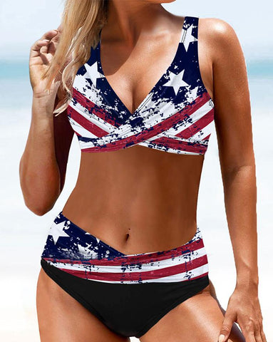 Star And Stripe Print Cross Bandage High Waist Bikini