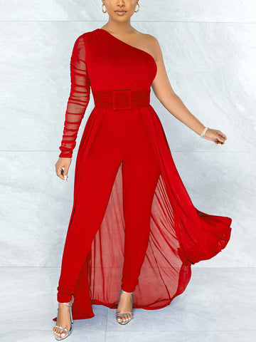 One Shoulder Mesh Jumpsuits