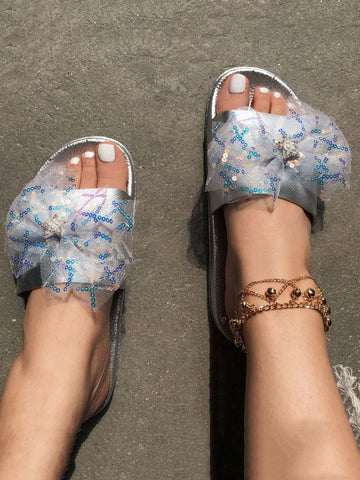 Lace Bow Sequin Flat Slides