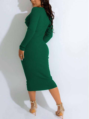 Button Ribbed Midi Pencil Dresses