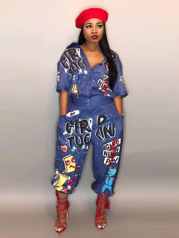 Letter Printed Turndown Collar Jumpsuit