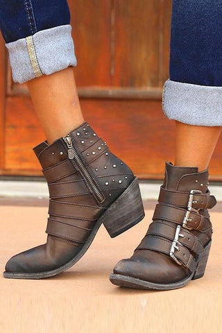 Buckle Zipper Chunky Heel Ankle Boots