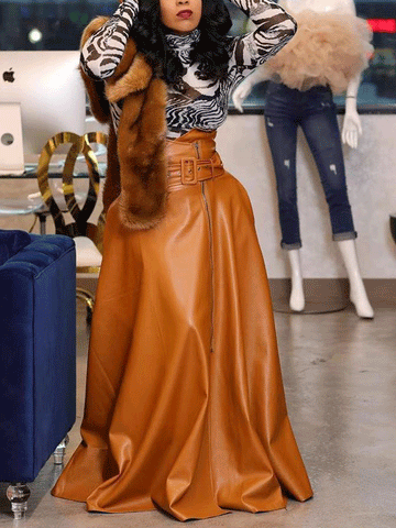 Unregelmäßiger PU-Rock mit Gürtel