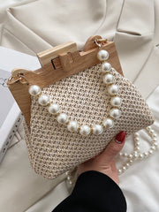 Pearl Decor Twist Lock Straw Bag
