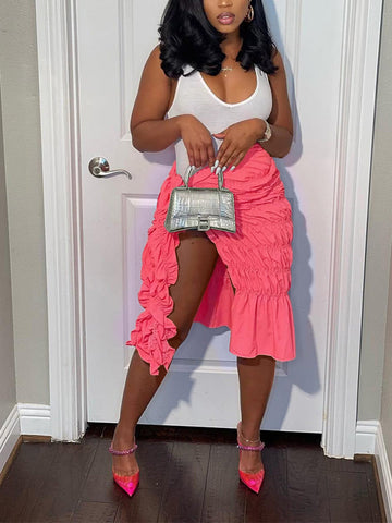 Einfarbiger, geraffter Rock mit Schlitz und Krawatte