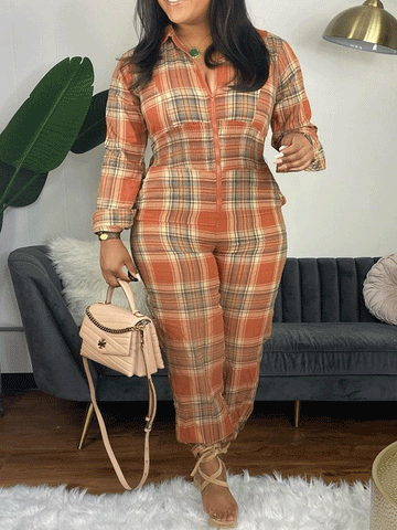 Plaid Front Zipper Jumpsuit