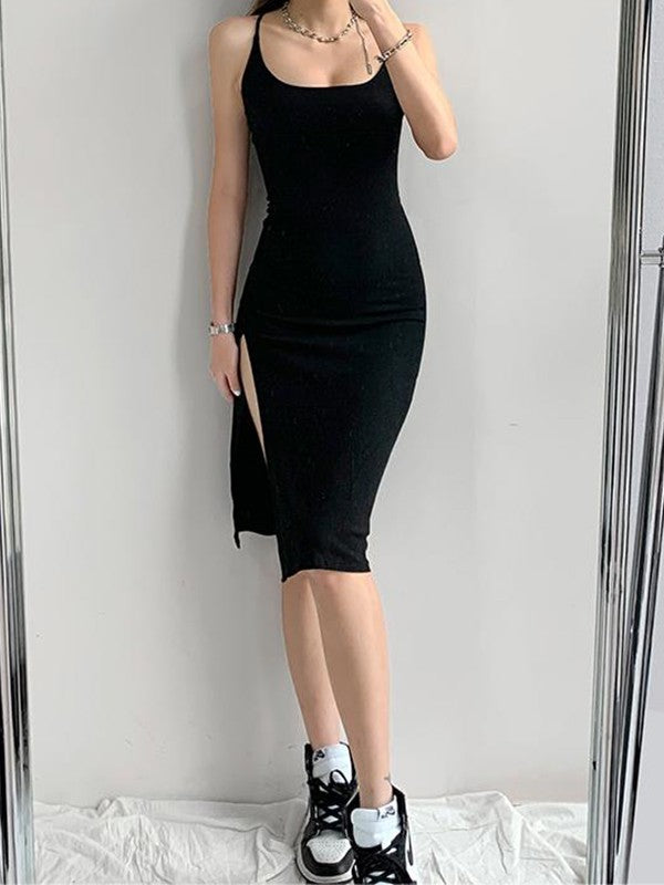 Tie Back Slit Black Maxi Dress