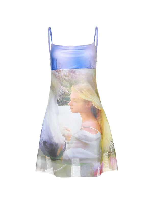 Printed Sleeveless Mesh Mini Dress