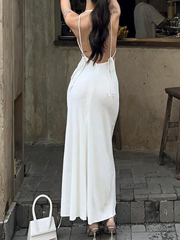 Vestido largo ajustado de canalé con cuello halter blanco