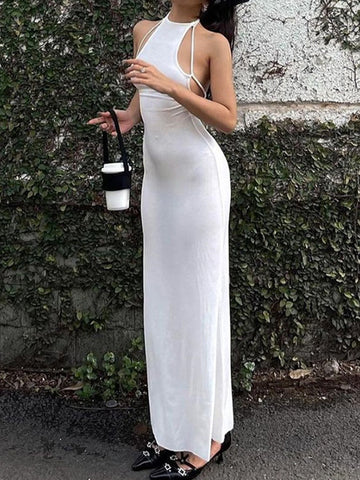 Weißes, geripptes Neckholder-Maxikleid mit figurbetontem Schnitt