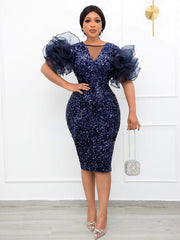 Sequin V Neck Puff Sleeve Party Dress