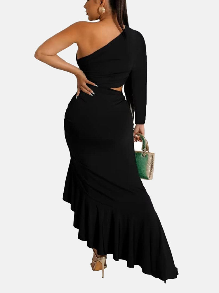 One Shoulder Cutout Ruffle Hem Dress