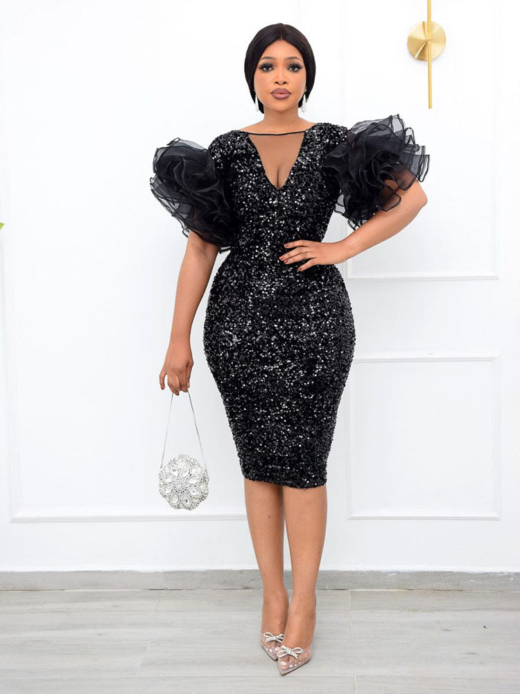 Sequin V Neck Puff Sleeve Party Dress