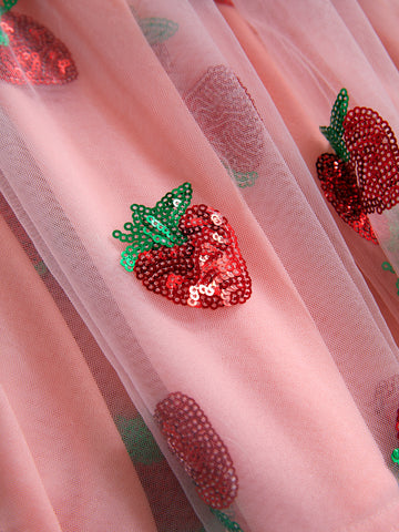 Sequined Strawberry Mesh Pleated Maxi Dress