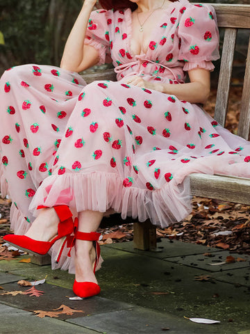 Sequined Strawberry Mesh Pleated Maxi Dress