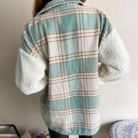 Shacket Plaid Stitching Lambswool Jacket