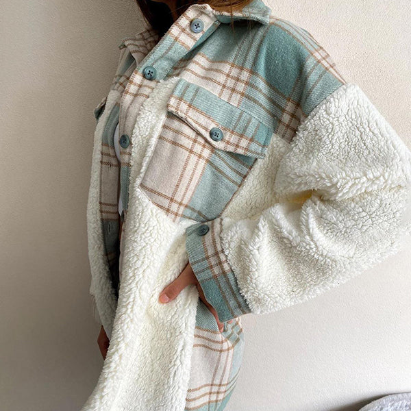 Shacket Plaid Stitching Lambswool Jacket