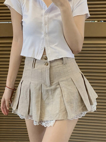 Cotton Linen Pleated Mini Skirt