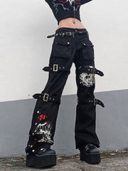 Buckle Strap Printed Cargo Jeans