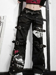 Buckle Strap Printed Cargo Jeans